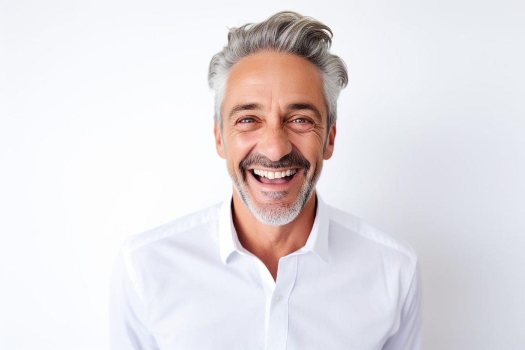 A man is laughing and showing his teeth